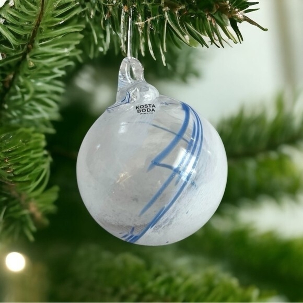 Kosta Boda White Blue Swirl Glass Ball Ornament 3.5" Hand Blown Christmas NIB